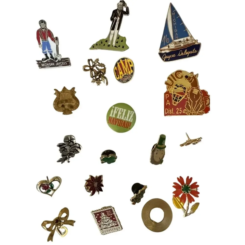 Vintage Assorted Lot (19) Of Pins Christmas, Irish, Flowers, and Jaycees